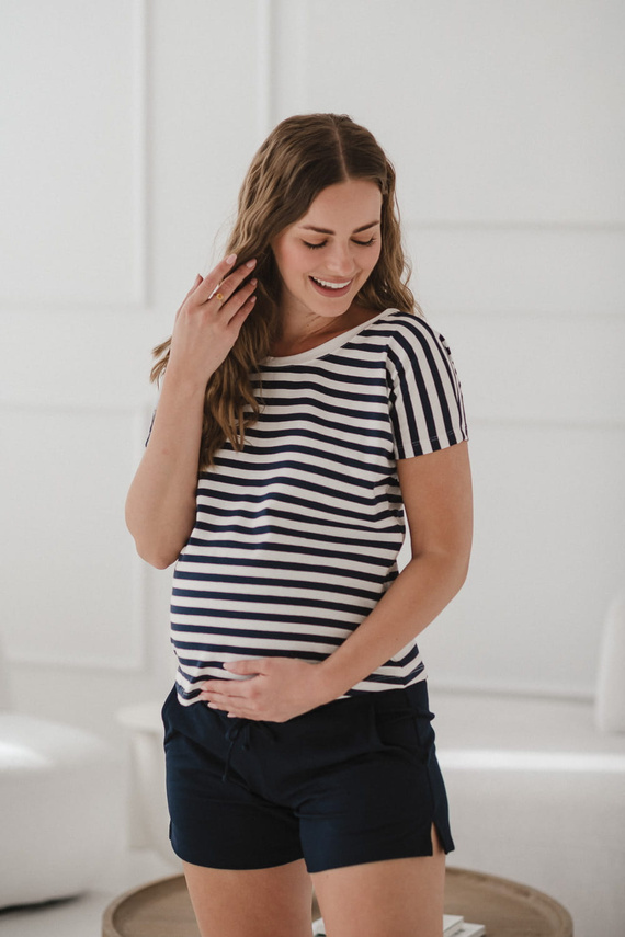 Blusa Embarazo y Lactancia Two Ways | Manga Corta, cómoda Milk&Love rayas azul marino y blanco