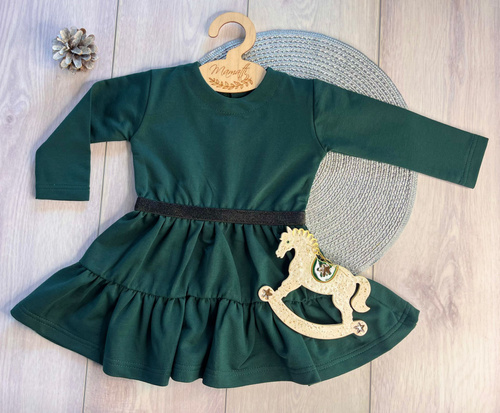 Mamatti niñas algodón SE03 Merry Christmas vestido - verde botella, manga larga