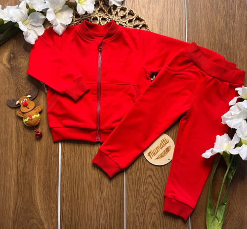 Mamatti DR914 chándal infantil de algodón rojo con sudadera con cremallera y cuello alto, pantalones con bolsillos