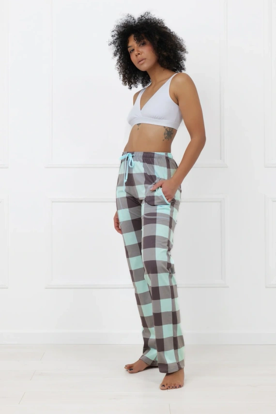 Pantalones largos de mujer Sandra Italian Fashion de algodón a cuadros con bolsillos