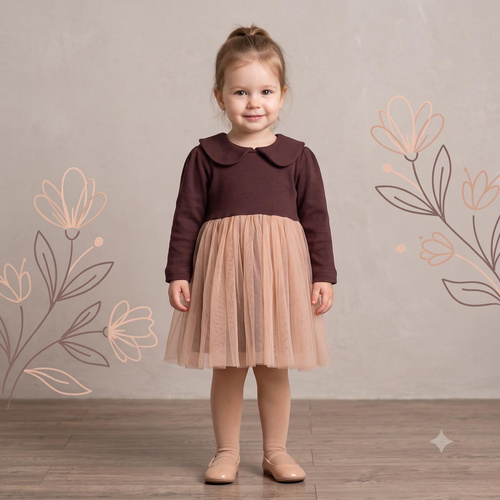 226167 Nicol HANIA Vestido con tul beige marrón manga larga para niña