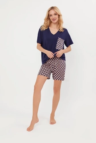 Milda Ladies pijama de manga corta, pantalón corto Moda Italiana - azul marino
