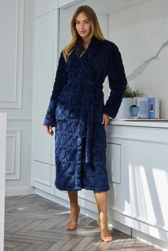 Albornoz largo de mujer L&L Nella 2645 suave con cuello chal y bolsillos - navy