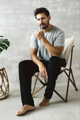 Dallas Pijama de manga corta para hombre, pantalón largo Italian Fashion- melange/negro