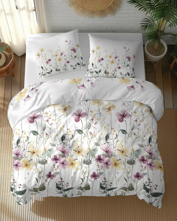 5773 A Cotton Bloom Detexpol ropa de cama blanca con flores de campo violetas y amarillas - 100% algodón, reversible, producción polaca