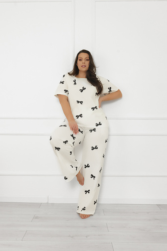 Pijama de señora Figaro - crudo, algodón, manga corta + pantalón largo Moda Italiana