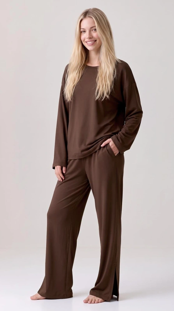 Pijama de mujer Luna 1312 100% algodón oversize pantalones anchos homewear - marrón