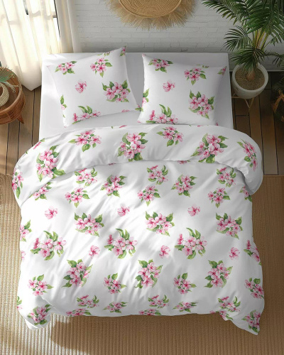 5766 A Cotton Bloom Detexpol ropa de cama blanca con flores rosas - 100% algodón, reversible, producción polaca