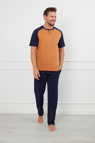 Pijama Alexander Hombre manga corta, pantalón largo Moda Italiana - coñac/granada