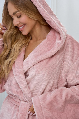 L&L 2601 Honey Bata corta de mujer con capucha, suave, con cinturón, color rosa polvo