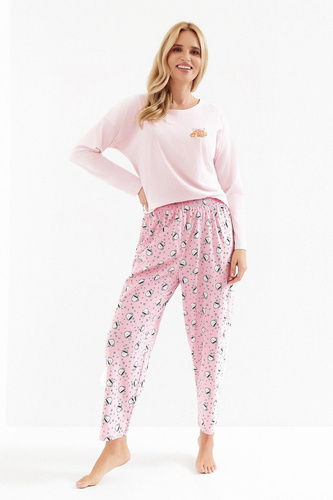 Pijama de mujer Taro Tori 3510 de algodón rosa, estampado croissant, largo con perneras 7/8