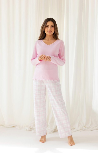 712 Pijama de señora Regina rosa - algodón, camisa a rayas, pantalón a cuadros