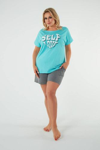 Selfie Pijama de manga corta para mujer, pantalón corto Moda Italiana - turquesa/melange