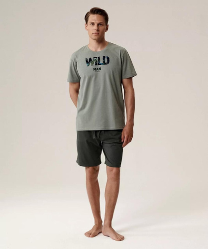 Pijama de hombre NMP-396 - algodón verde/caqui, manga corta, ligero y cómodo para el verano