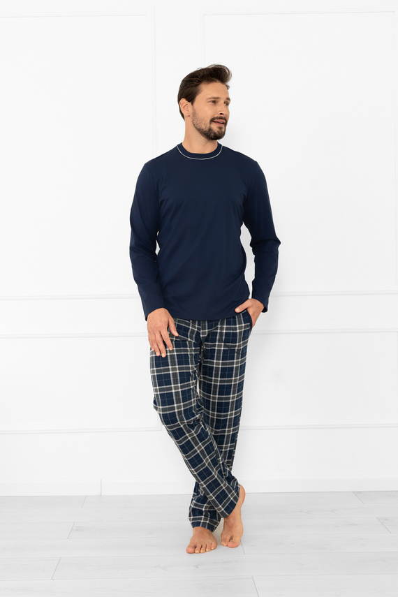 Pijama de hombre Andreas - manga larga, pantalón largo, algodón Moda Italiana - azul marino/estampado