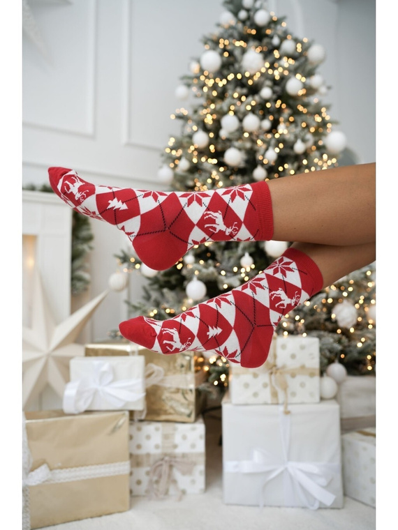 Milena 1283-044 Calcetines de mujer de algodón con rombos rojos, navideños