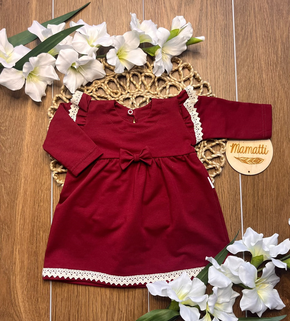 Vestido infantil Mamatti SK520 de algodón con encaje y lazo burdeos