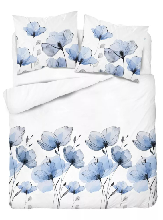 5496 A Ropa de cama de algodón blanco con flores azules acuarela Naturalis- Detexpol