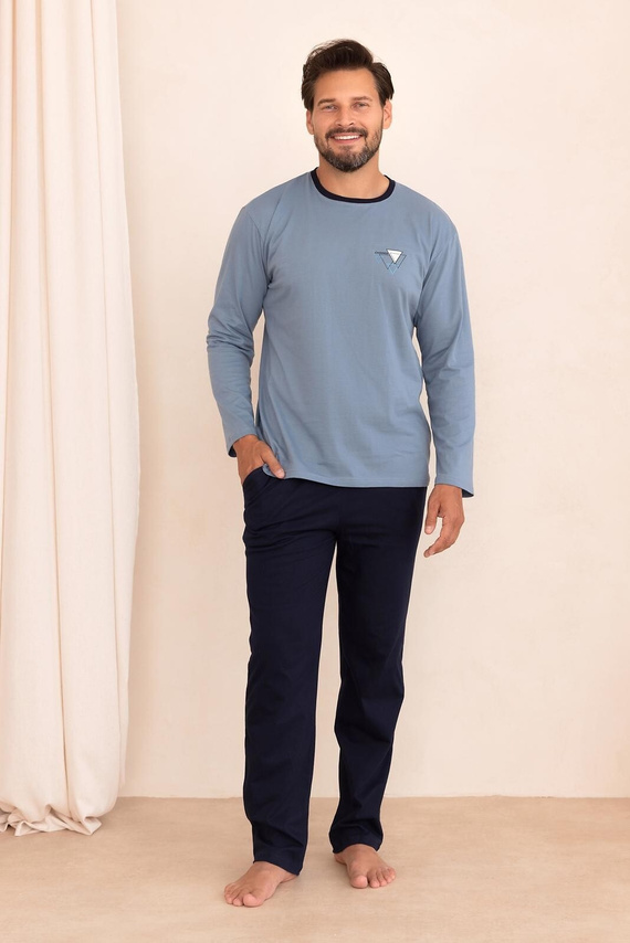 Pijama para hombre Regina 6009 100% algodón Manga larga Pantalones largos Confort azul