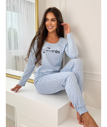 Pijama de señora Donna Star Long azul - algodón, manga larga, embalado en una bolsa de plástico