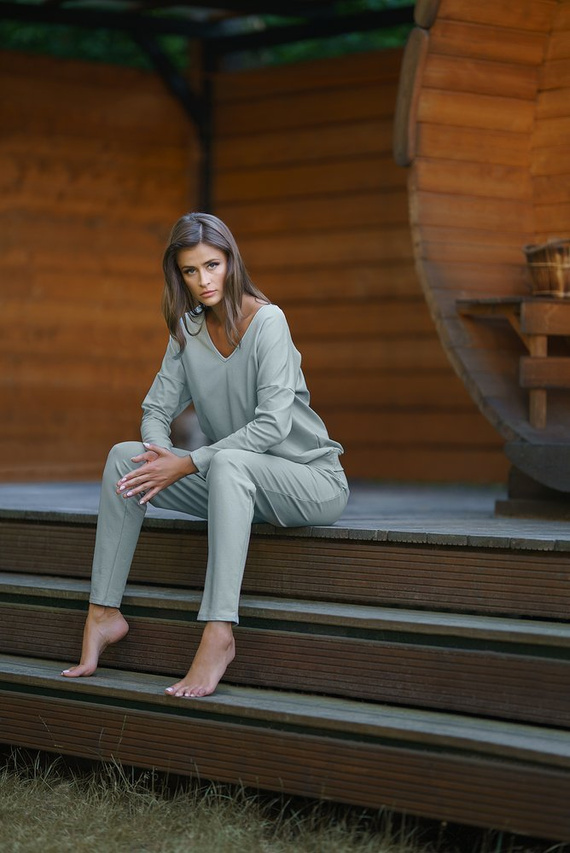 Karina Señoras conjunto de manga larga, pantalones Moda Italiana - caramelo