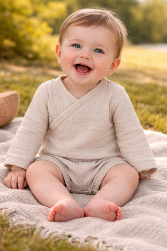 Body de muselina Just Muslin 03235BE Makoma beige- manga larga, cierre de sobre, 100% algodón