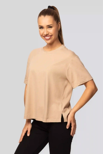 Camiseta Urban beige de algodón para mujer - Manga corta, corte clásico, a la moda con aberturas | Material de alta calidad, elasticidad