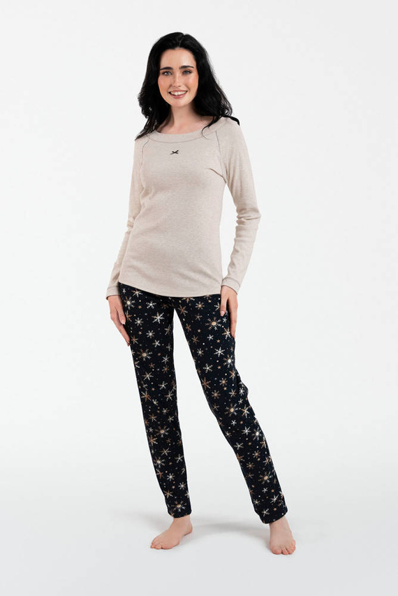 Pijama Denali Ladies manga larga, pantalón largo Italian Fashion- beige melange/print