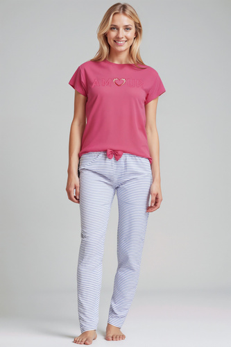 Juliana Sorbetto rosa - pijama de mujer 100% algodón, con bordado y pantalón largo a rayas