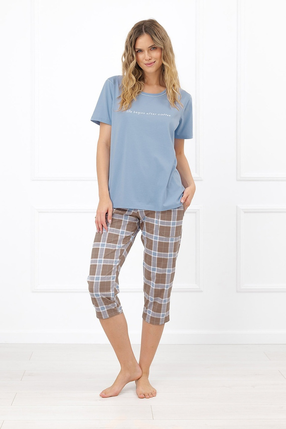 Pijama de mujer Delma Italian Fashion de algodón, manga corta, pantalones 3/4 a cuadros - acero