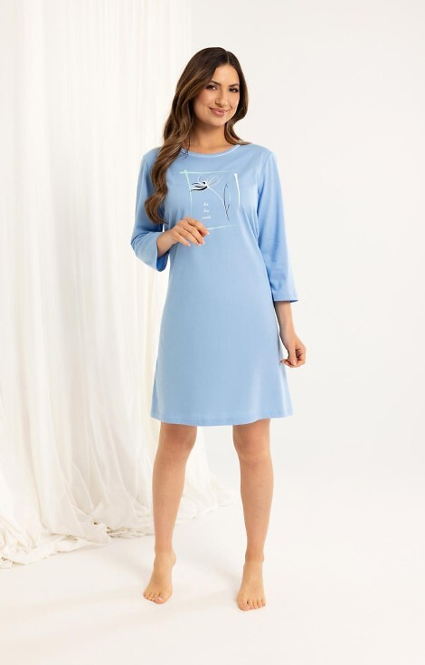 166 Camisa azul de algodón para señora - manga 3/4, estampada, largo hasta la rodilla