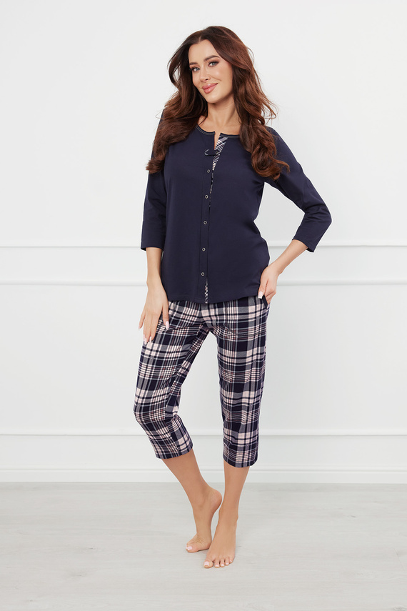 Dona Pijama señora manga 3/4, pantalón 3/4 Moda Italiana - azul marino/estampado