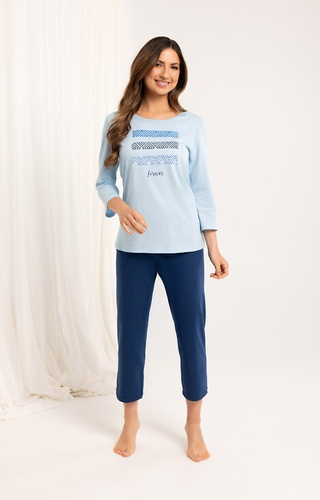 709 Pijama de señora de algodón azul - manga 3/4, pantalón 3/4, estampado en color