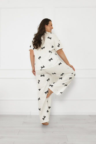 Pijama de señora Figaro - crudo, algodón, manga corta + pantalón largo Moda Italiana