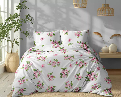 5766 A Cotton Bloom Detexpol ropa de cama blanca con flores rosas - 100% algodón, reversible, producción polaca