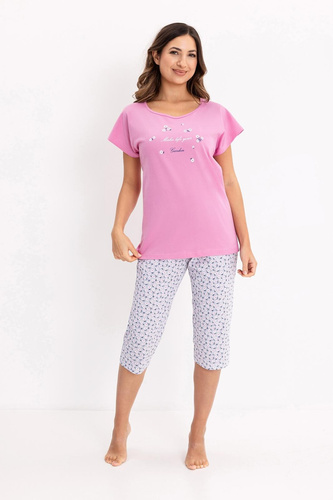 Pijama de señora 735 Regina rosa - algodón, manga corta, pantalón 3/4, estampado decorativo