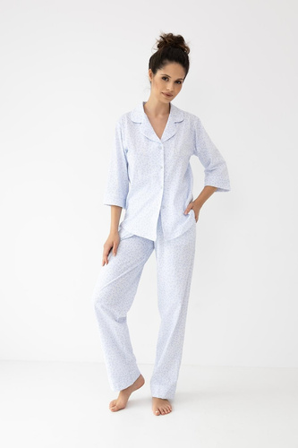 Sensis Paloma pijama de mujer blanco azul - 100% algodón de primera calidad estampado floral, abotonado, cuello, pantalón largo, elegancia y comodidad para dormir