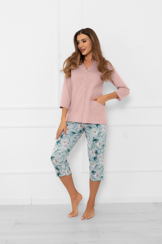 Pijama de señora Sekwoja - algodón, manga 3/4 y pantalón, con botones Moda Italiana
