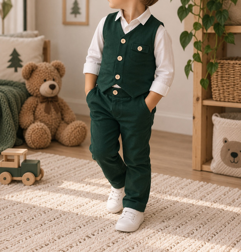 Mamatti KC014 conjunto infantil de algodón verde chaleco y pantalones con botones