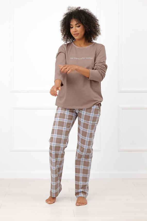 Pijama de mujer Italian Fashion Delma 100% algodón pantalón largo cuadros cappuccino