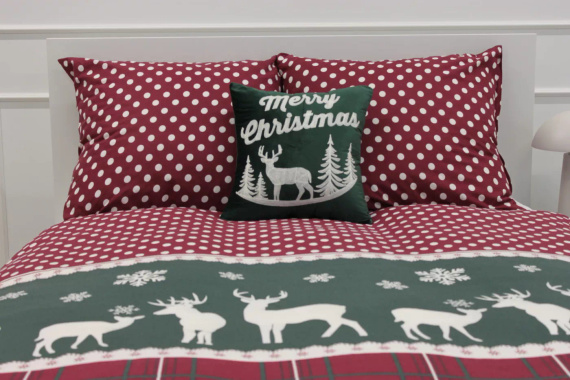 Xmass Navidad ropa de cama de algodón Spod Igły i Nitki - reno a cuadros rojos guisantes verdes, juego con cremallera, 100% algodón