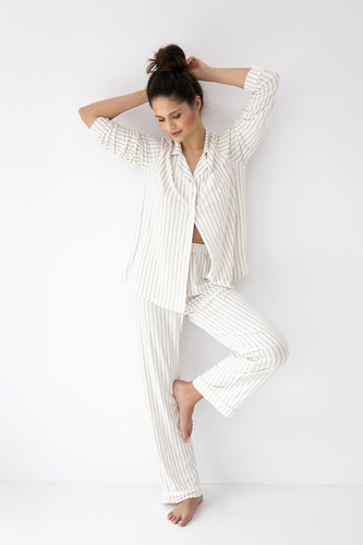 Pijama mujer Amani Sensis ecru-beige, viscosa, estilo camisa, rayas