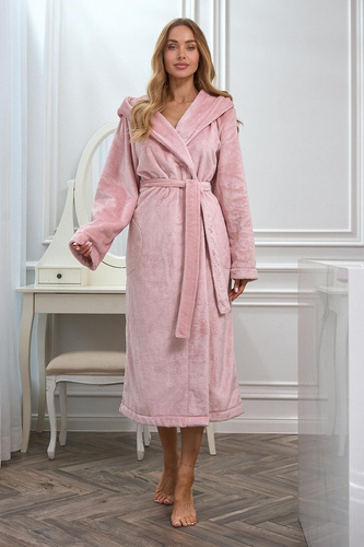 L&L 2602 Honey Bata larga de mujer con capucha, suave, con cinturón, rosa empolvado