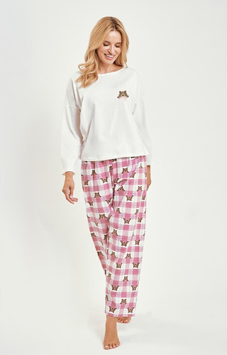 3441 Astrid pijama de mujer de algodón Taro beige - manga larga, pantalón de franela a cuadros