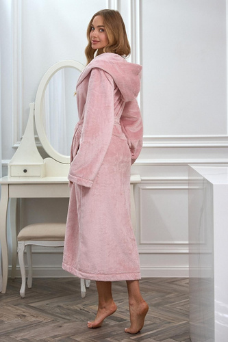 L&L 2602 Honey Bata larga de mujer con capucha, suave, con cinturón, rosa empolvado