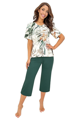 Donna Olivia 3/4 Pijama de mujer de viscosa Ecru-Verde Pantalones 3/4