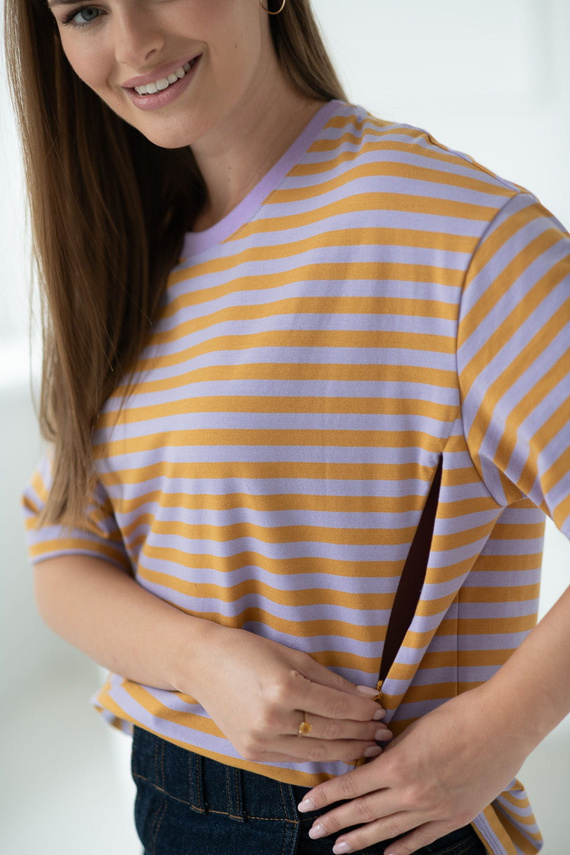 Mamahood Camiseta de embarazo y lactancia Milk&Love a rayas miel y lila - cómoda y elegante