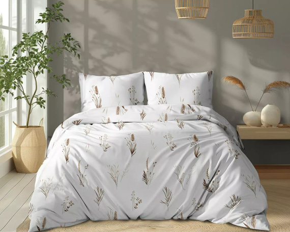 5771 B Algodón Bloom Detexpol ropa de cama blanco con hierbas y marrón y beige tussock - 100% algodón, doble cara, pulido hecho