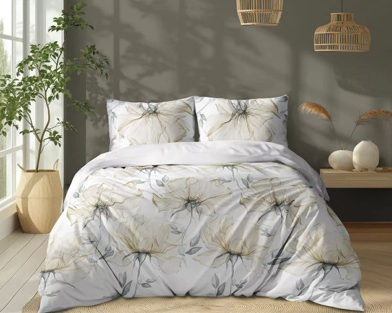 5770 B Algodón Bloom Detexpol ropa de cama blanca con grandes flores de color crema - 100% algodón, reversible, producción polaca