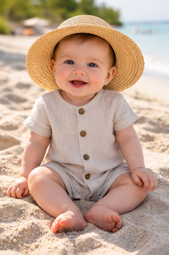 Baby Rampers Just Muslin 02235RBE Makoma beige- muselina 100% algodón, manga corta